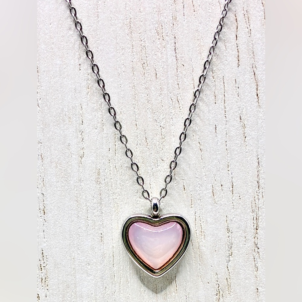 Dainty Pink Moonstone Heart Pendant Necklace, Rhodium Plated Back & Chain 17-19”